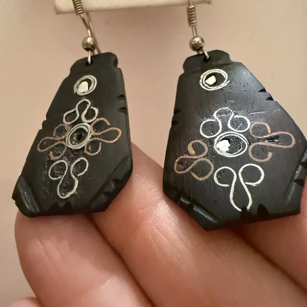 Handcrafted Artisan Mixed Metal Embossed Wooden Earrings - Picture 6 of 7